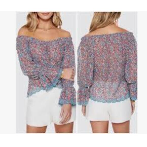 Ramy Brook Top Blouse Embroidered Eyelet Oakleigh Printed Off Shoulder - Picture 1 of 11